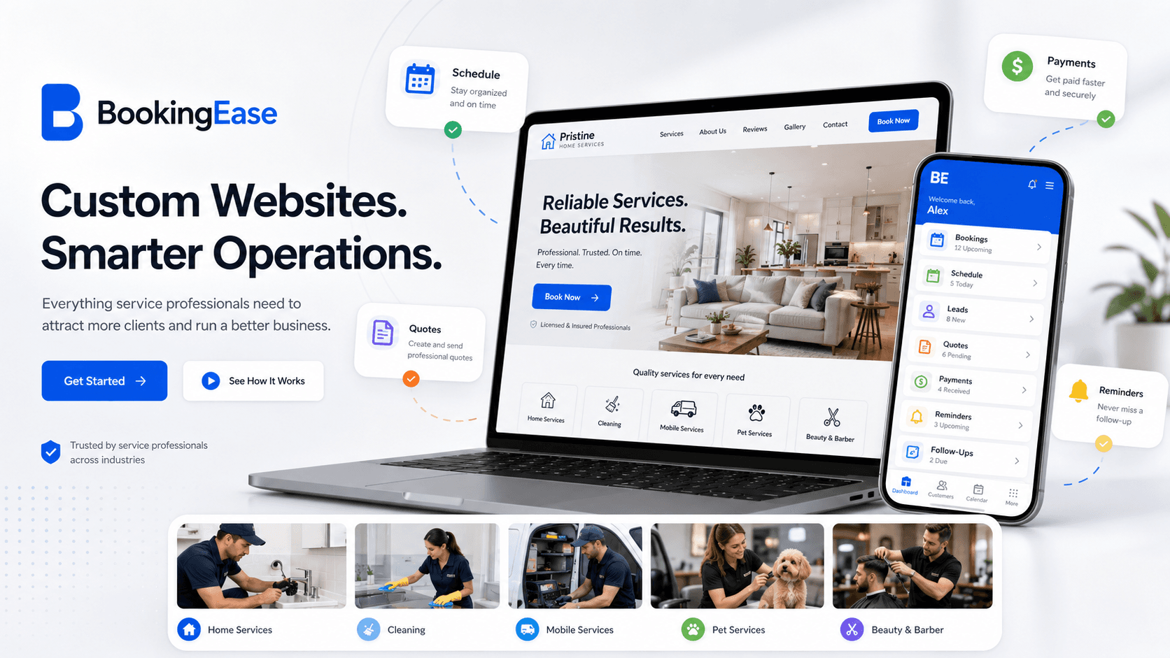 BookingEase custom website and operations software dashboard for service professionals